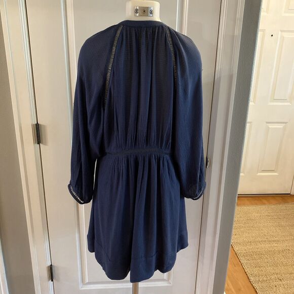 Free People Blue Go Lightly Swing Dress V Neck 3/4 Sleeve Boho-Size Small - Picture 9 of 16